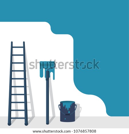 Painting service. Paintwork template. Vector illustration flat design. Banner for promotion. Painted wall with a staircase, a roller, a bucket of paint.