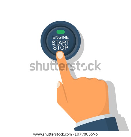 Engine starting and stopping system. Engine start. The person presses the finger on the start and stop button of car motor. Vector illustration flat design. Isolated on white background.
