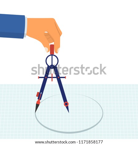 Hand with compass for drawing. Technical tool architect, engineer. Compass hold in hand. Vector illustration flat design. Isolated on white background.