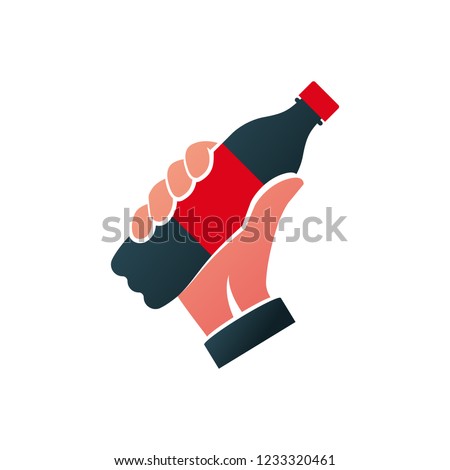 Icon bottle of soda black silhouette hold in hand. Cola in plastic tarre pictogram. Vector flat design. Isolated on white background. Fast food drink symbol. Carbonated drink. Refreshing coca.