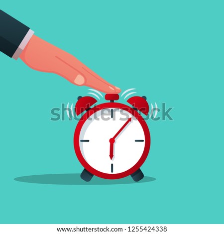 Turns off alarm clock. Vector illustration flat design. Isolated on white background. Man in a suit presses the alarm button.