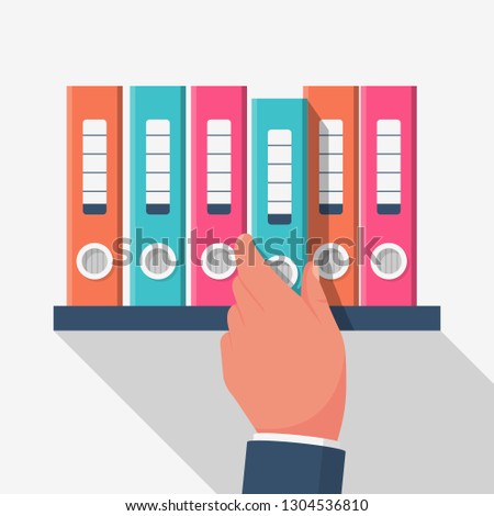 Office worker taking folder with archive. Administration and management. File management, database icon. Catalog documents. Vector illustration flat design. Isolated on white background.