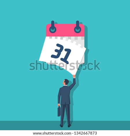 Tear off calendar sheet. End of month. Off date. Businessman hand closes the last sheet of the calendar. Deadline concept. Template page. Vector illustration flat design. Isolated on background.