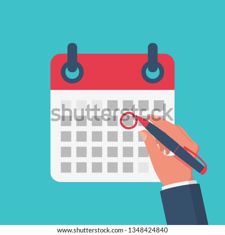 Mark calendar. Vector illustration flat style. Close-up hand businessman with red pen. Date circled. Cartoon style. Week day month. Mockup of page.