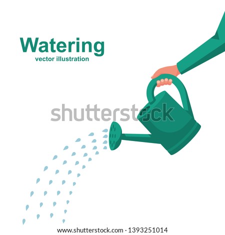 Watering can holding in hand.  Man watering with a watering can. Vector Illustration flat design. Drops of water falling. Isolated on white background.