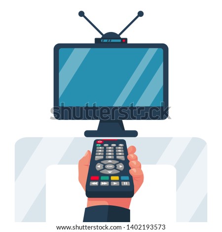 Turn on the TV. Remote control holding in hand. Social media. Rest at home, while watching programs. Vector illustration flat design. Isolated on white background. Watching television. Web design.
