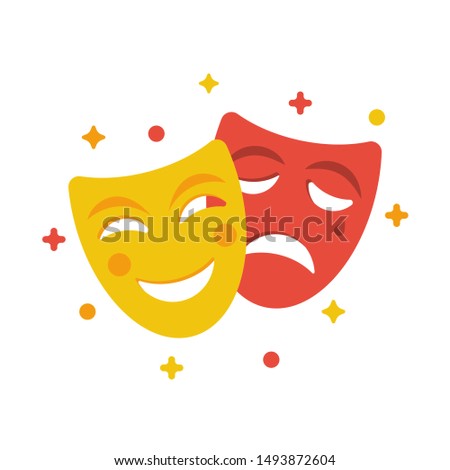 Comedy and tragedy masks. Yellow funny and red sad mask, cartoon style. Happy and unhappy traditional symbol of theater. Vector illustration flat design. Isolated on white background.