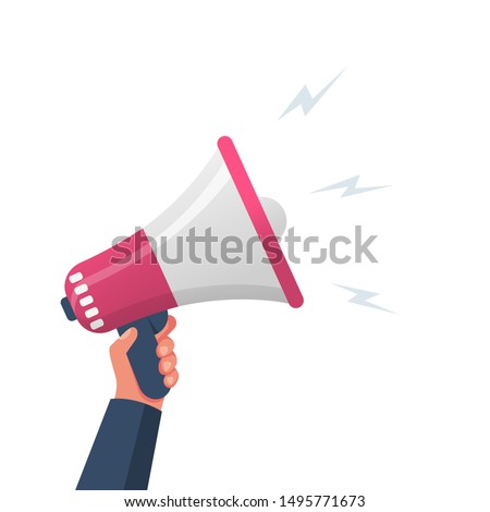Attention please. Hand hold megaphone. Speaker, loudspeaker. Advertising and promotion symbol. Bullhorn cartoon. Social media marketing concept. Vector illustration flat design. Landing page template.