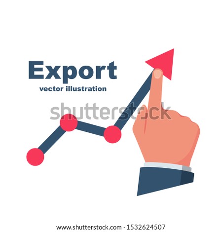 Export growth. Hand raising chart up. Template global logistic distribution service. Vector illustration flat design. Isolated on white background. Arrow diagram up.