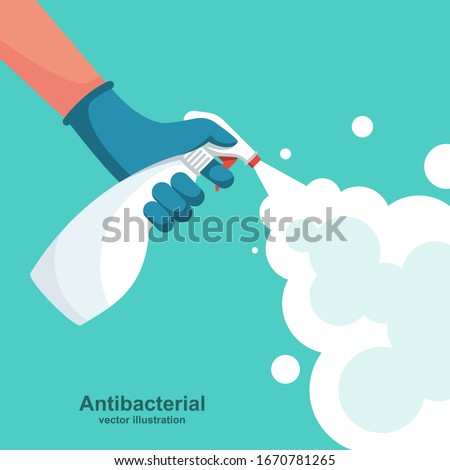 Landing page coronavirus protection. Man in gloves holds bottle of antiseptic spray. Antibacterial flask kills bacteria. Disinfectant concept. Vector flat design. Hygiene home and personal hygiene. 商業照片 © 