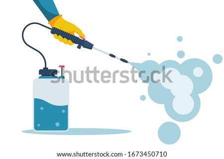 Cleaning and disinfecting coronavirus. Atomizer and sprayer. Man in hazmat suit and gloves. Pandemic risk. Vector illustration flat design. Epidemic spread precautions.