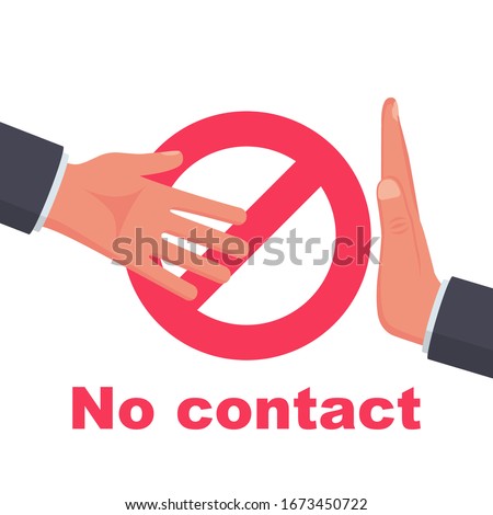 Do not contact. No handshake icon. Red prohibition sign. Precautions and prevention of coronavirus disease. No physical contact. Warning, dangerous infection on hands. Vector illustration flat design.