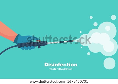 Prevention concept. Disinfection and cleaning. A man in chemical protection disinfects. Methods of controlling the epidemic of coronavirus. Vector illustration flat design. Cleaner in the hand.