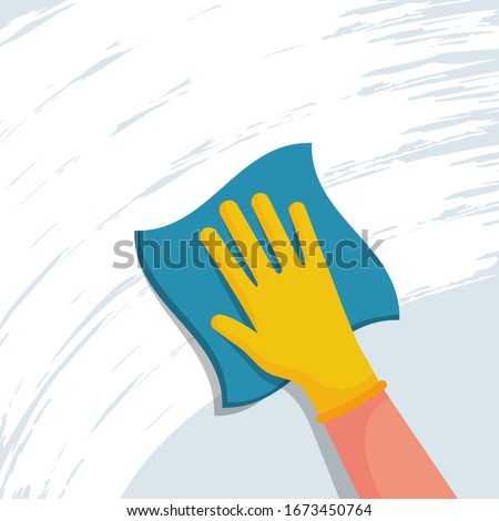 Cleaning napkin in the hands of a houseworker. Cleaning window. Wipe with a cloth, blue microfiber, yellow gloves. Housekeeping service. Vector illustration flat design. The concept of disinfection.
