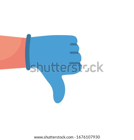 Medical dislike icon. Human hand in blue glove with thumb down. Vector illustration flat design. Isolated on white background. Quarantined man in protective gloves. Disapprove  cartoon sign.