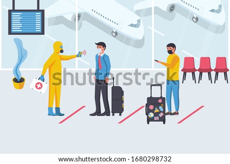 Medical worker in hazmat checks body temperature of passengers at airport terminal. Coronavirus prevention. Epidemic 2019-ncov. Vector flat design. Protective suit. Public safety. Mask face.