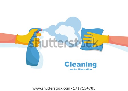 Surface cleaning in house. Cleaning with spray detergent. Spraying antibacterial sanitizing spray. Prevention coronavirus COVID-19. Napkin in the hands. Protective rubber gloves. Hygiene home vector.
