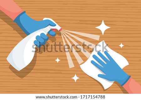 Cleaning wooden surface home or office. Spraying antibacterial sanitizing spray. Pollution prevention. Spray detergent. Napkin in hands. Protective rubber gloves. Hygiene home. Vector flat design. 