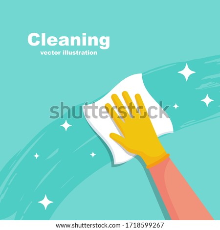 Houseworker wipes the surface with a napkin. Protective rubber yellow gloves on the hands. Cleaning with spray detergent. Hygiene home vector. Cleaning and disinfection. Housekeeping service concept. 
