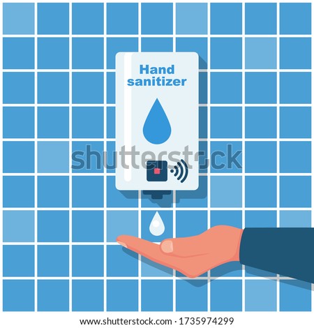 Hand sanitizer wall. People use automatic alcohol antiseptic gel. Drop of antibacterial gel in palm. Prevention coronavirus covid-19. Sanitizer bottle hygiene product. Cleaning washing hands. Vector.