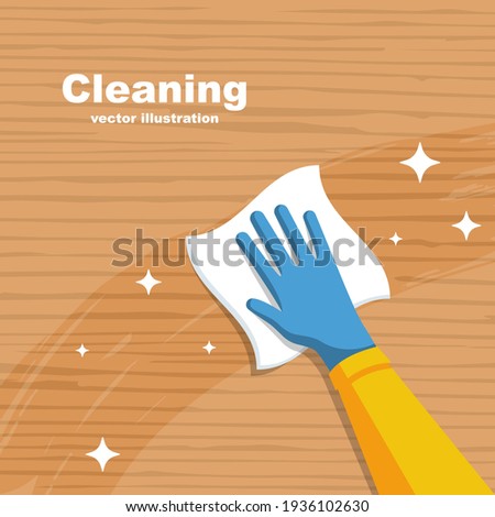 Cleaning wooden surface home or office. Pollution prevention. Napkin in hands. Protective rubber gloves. Hygiene home. Vector flat design. 