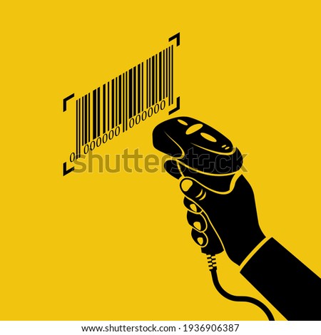 Black icon operator holds a barcode scanner hand. Silhouette scanning Barcode. Equipment for accounting of goods. Vector illustration isometric design. Product identification.