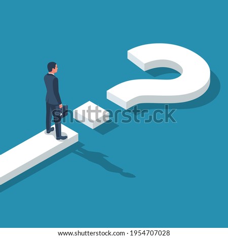 Road forward in form of question mark. What's next ? Big question mark on way. Businessman in suit with briefcase looking unknown open. Vector illustration isometric 3D design. Isolated on background.