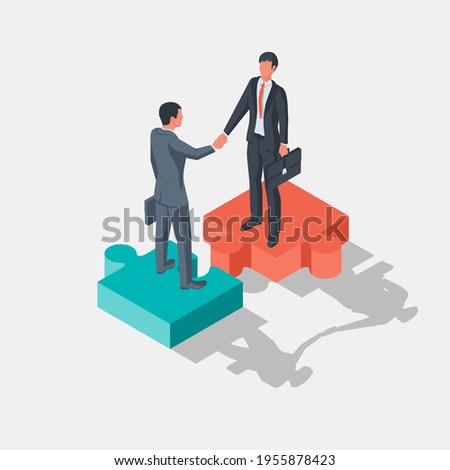 Two businessmen stand on pieces of puzzle as symbol of connection. Combining two alliances. Partnership concept. Business meeting. Handshake symbol successfu deal. Vector illustration isometric design