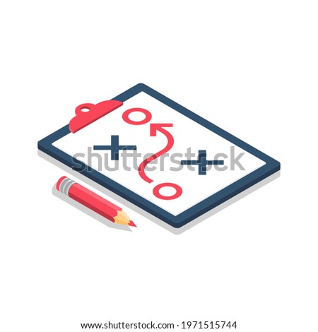 Planning strategy concept. Business tactic. Clipboard pencil. Vector illustration isometric design. Chart project analysis. Scheme of action on white sheet. Plan to achieve goal.