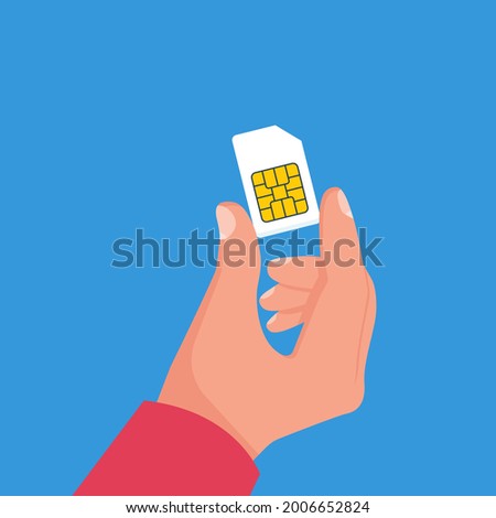 Human holding sim card in hand. Vector illustration cartoon design. Isolated on background. Mobile element. Finger closeup, big SIM card.