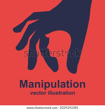 Manipulation concept black icon. Silhouette abuse of power. Vector illustration flat cartoon. Hand of puppeteer holding a little businessman. Control workers. Foto stock © 