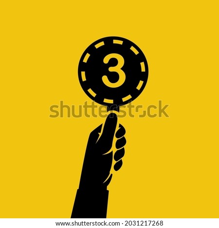 Score card 3. Number table. Digit rating on a scorecard. Human hand holding score card. Black scorecards. Juries assessment on competition. Judges hold score. Vector design. Isolated on background.