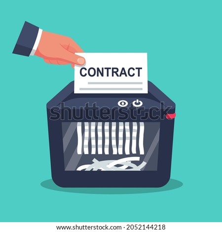 Contract in hand for destruction. Shredder machine. Paper shredder. Cartoon style. Vector illustration flat design. Isolated on background. Information protection.