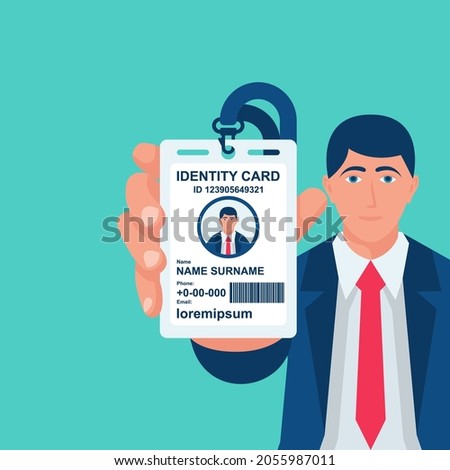 Male businessman show identification card in hand. With permit. ID Card icon. Vector illustration, flat design style. Personal identification. Access control. Sign id card. Personal document in hand.
