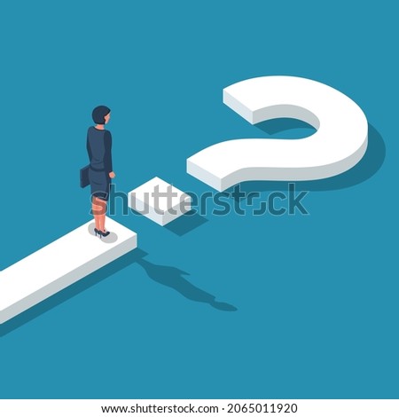 Road forward in form of question mark. What's next ? Big question mark on way. Businesswoman in suit with briefcase looking unknown open. Vector illustration isometric 3D design.