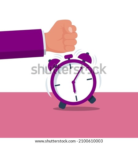 Turns off alarm clock. Vector illustration flat design. Isolated on white background. Man with a fist hits the alarm clock.