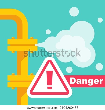 Gas leak. Breakdown pipelines. Danger concept. Warning template. Vector illustration flat design. Isolated on white background.