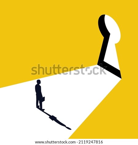 Businessman in suit standing in front of keyhole. Solution to problem business concept. Man looks at open opportunities. Male walking go to goal. Vector illustration isometric design.
