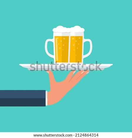 Beer on a tray. Glass of beer men holding in hand. Mug in hand isolated in flat style on background. The waiter makes the flow of alcohol. Vector illustration. Light alcoholic drink, cool foam. 