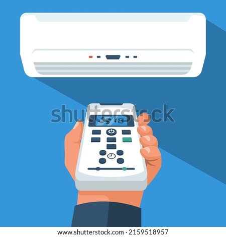 Air conditioning using the remote control. Person holds the air conditioner's remote control in hand. Vector illustration flat design. Isolated on white background. Climate control in the room.