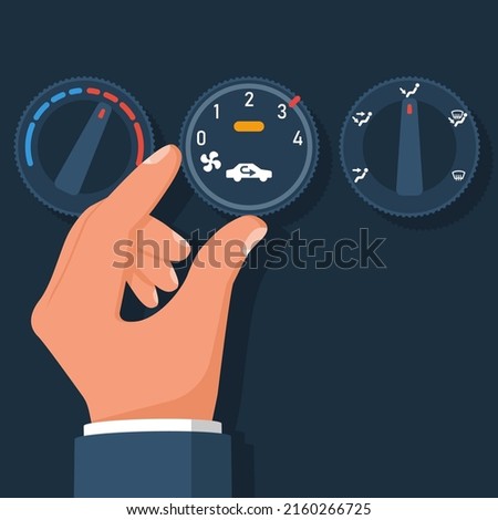 Climate control handle. Person includes air conditioning in car. Driver turns on vehicle climate control system. Temperature switches. Cooling, heating car interior. Vector illustration flat design.