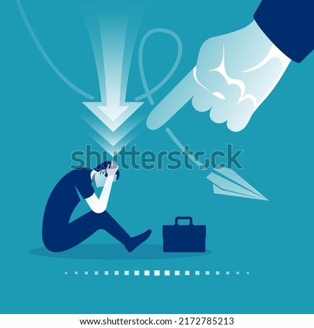 Accusation concept. Sad businessman. Human point fingers at the sad person. Public victim. Vector illustration flat design. Isolated on white background. Harassment coworkers. Victim worker. Foto d'archivio © 