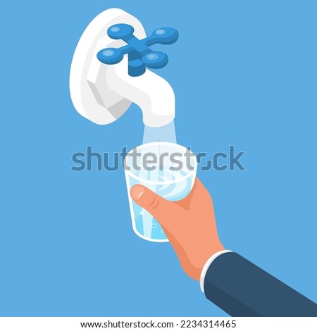 Man opens a water tap. Hand holding a glass. Kitchen faucet. Glass of clean water. Vector illustration isometric design. Isolated on background. Filling cup beverage. Pouring fresh drink.