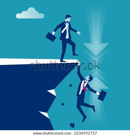 Competition for victory concept. A businessman pushes a competitor off a cliff. Business people. Vector illustration flat design. Businessman standing on top. Way to success. Man climbing rope.