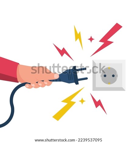 Electric power plug holding in hand. Unplug, and plugged in the wall socket. Vector illustration flat design. Connecting power plug. Sparks flying from the outlet.