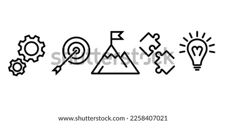 Black line business icon. Gears as a symbol of work. Target as the achievement of a goal. Mountain with flag of victory. Two pieces of the puzzle symbol of unification. Idea black line. Vector flat.