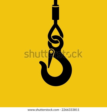 Black icon on a yellow background lifting hook with rope. Lifting large loads. Industrial steel hook tower crane. Vector illustration flat design. 