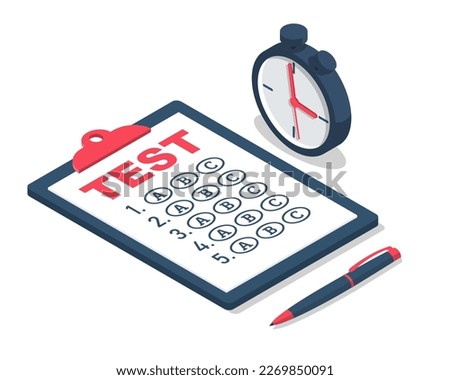 Test time concept. Clipboard with dough form, pen, and stopwatch. Filling, writing tests. Exam on time. Checklist, survey. Filling out forms. Vector illustration isometric 3d design. 