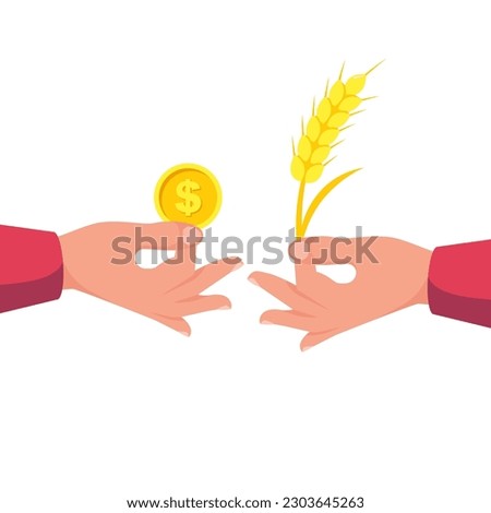 Grain deal. Meeting business transactions of sale crops. Buy grain. Agricultural income concept. Coin and ear of grain in hand. Exchange deal. Agribusiness background. Vector illustration flat design.