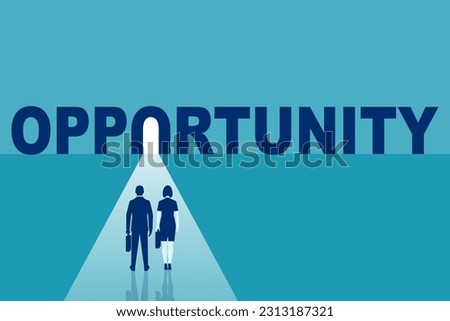 Opportunity concept. Businessman and businesswoman faces great opportunities. The beginning of a new path. Light from the door. Bright future. Vector flat design. 